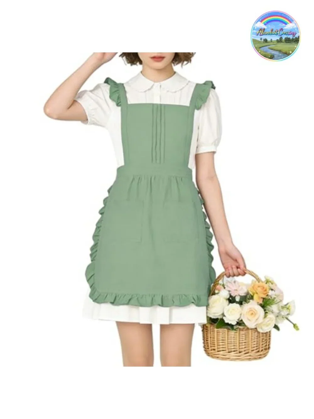 Vintage Ruffle Waist Apron with 2 Pockets, Cotton Tie Strap, Full Coverage